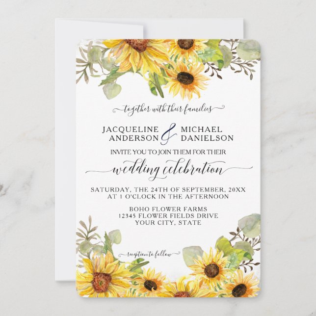 BOHO Chic Sunflower Eukalyptus Leaf Wedding Einladung (Vorderseite)