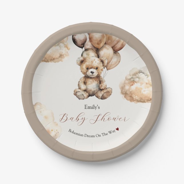 Boho Chic Teddy Bear Balloons Clouds Baby Dusche Pappteller (Vorderseite)