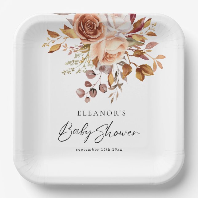 Boho Chic Terracotta Floral Name Babydusche Pappteller (Vorderseite)