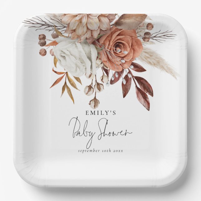 Boho Chic Terracotta Floral Name Babydusche Pappteller (Vorderseite)