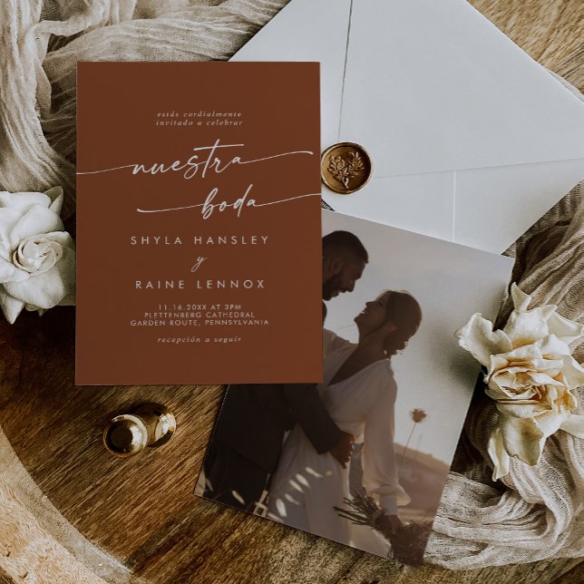 Boho Chic Terracotta Foto Spanish Wedding Einladung (Von Creator hochgeladen)