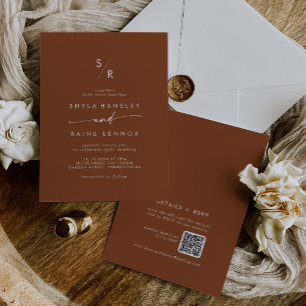 Boho Chic Terracotta Monogram QR Code Wedding Einladung