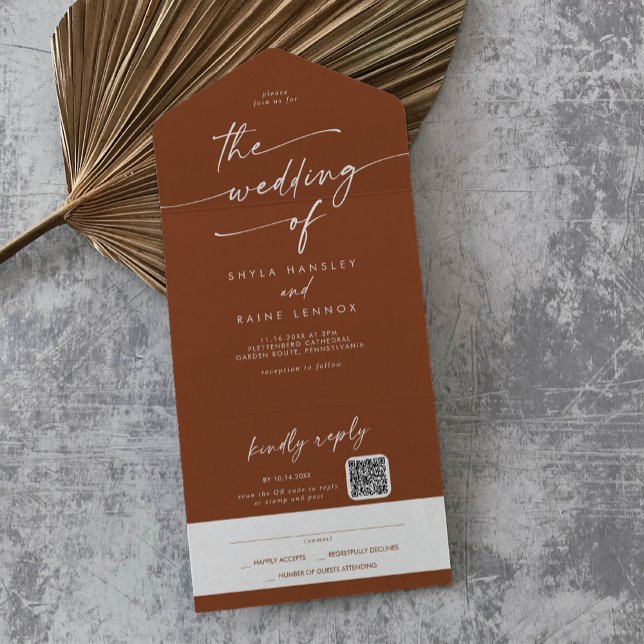 Boho Chic Terracotta QR Code Mail bei Hochzeit All In One Einladung (Von Creator hochgeladen)