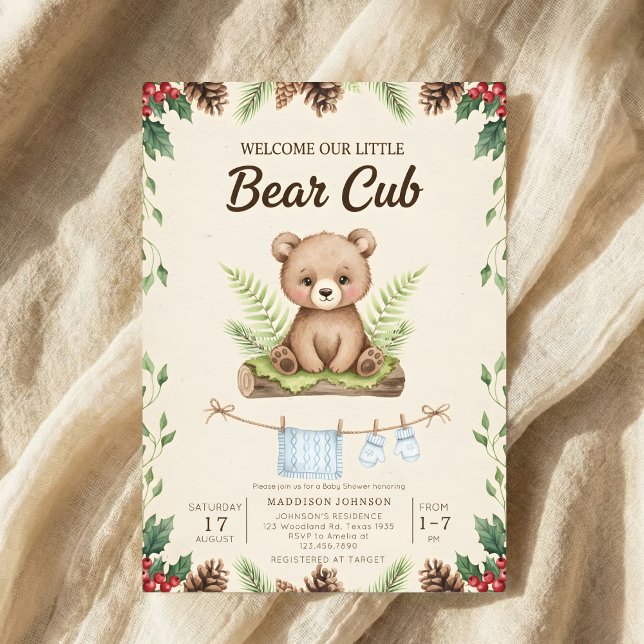 Boho-Chic-Wald-Bär-Grün-Baby-Party Einladung (Von Creator hochgeladen)