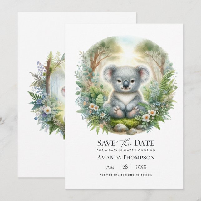 Boho-Chic-Wald-Koala-Baby-Party Save The Date (Vorne/Hinten)