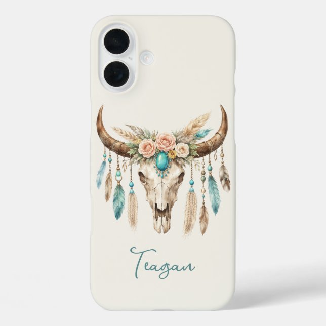 Boho-Chic-Wasserfarben-Blumen-Kuh-Schädel Case-Mate iPhone Hülle (Rückseite)