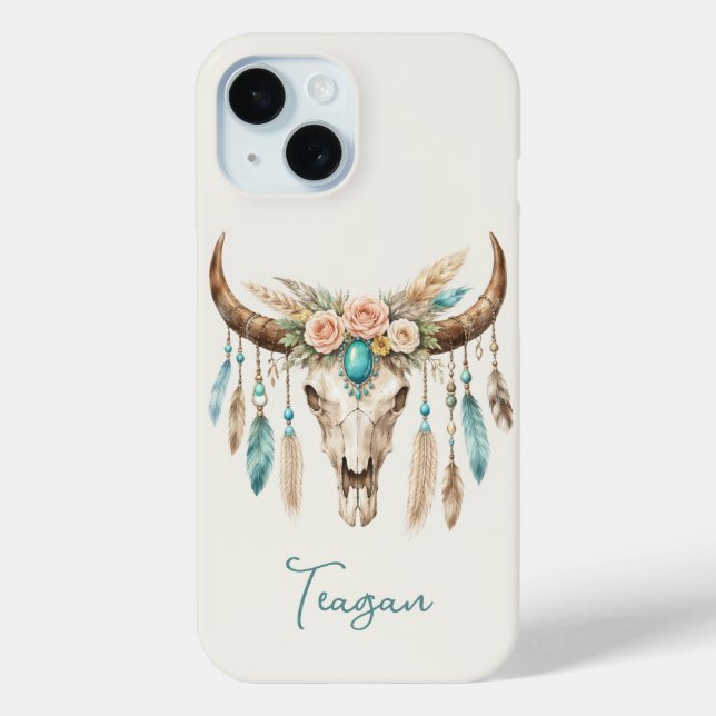 Boho-Chic-Wasserfarben-Blumen-Kuh-Schädel Case-Mate iPhone Hülle (Rückseite)