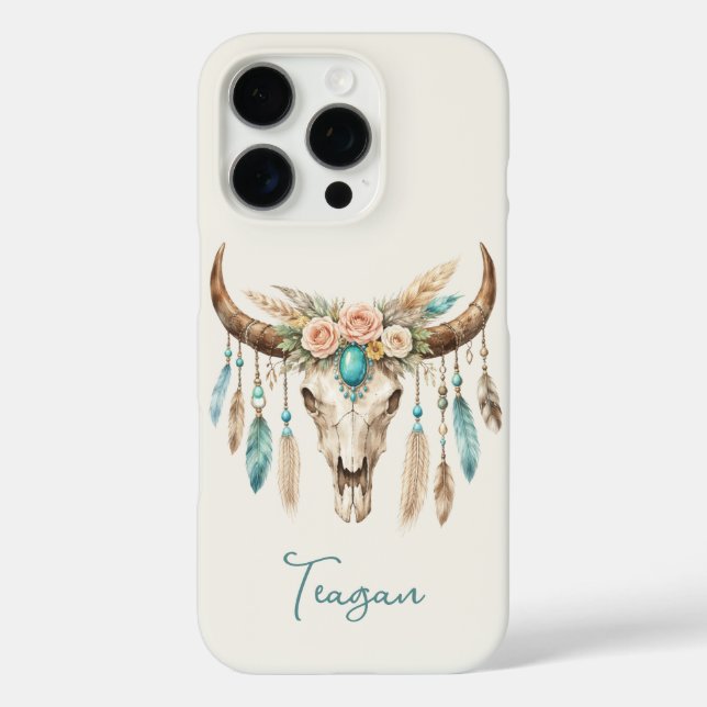 Boho-Chic-Wasserfarben-Blumen-Kuh-Schädel Case-Mate iPhone Hülle (Rückseite)