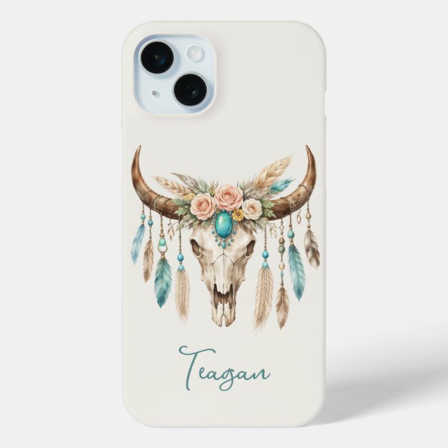 Boho-Chic-Wasserfarben-Blumen-Kuh-Schädel Case-Mate iPhone Hülle (Rückseite)
