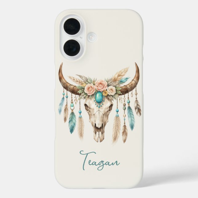 Boho-Chic-Wasserfarben-Blumen-Kuh-Schädel Case-Mate iPhone Hülle (Rückseite)