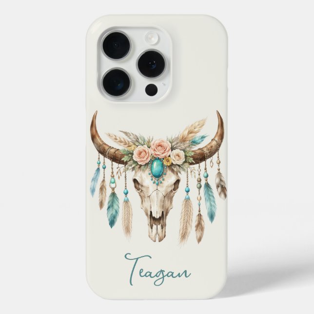 Boho-Chic-Wasserfarben-Blumen-Kuh-Schädel Case-Mate iPhone Hülle (Rückseite)