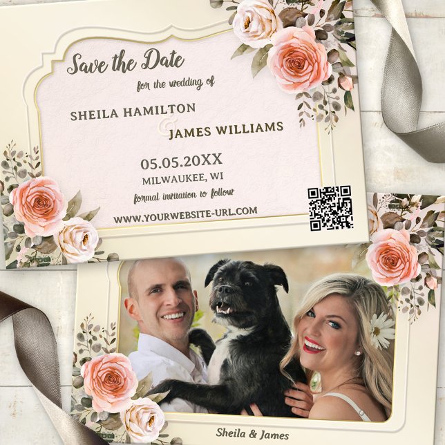 Boho-Chic-Wasserfarbfoto - Karte zur Ankündigung d (Save the Date card featuring romantic blush pink watercolor roses with your photo and a QR code)