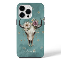 Boho Chic Watercolor Aquamarine Blütenkuh Skull