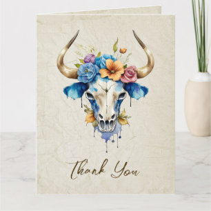 Boho Chic Watercolor Blumenkuh Skull Hochzeit Dankeskarte