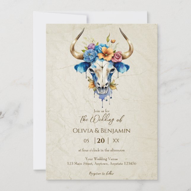Boho Chic Watercolor Blumenkuh Skull Hochzeit Einladung (Vorderseite)