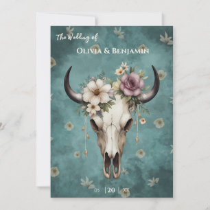 Boho Chic Watercolor Blumenkuh Skull Hochzeit Einladung