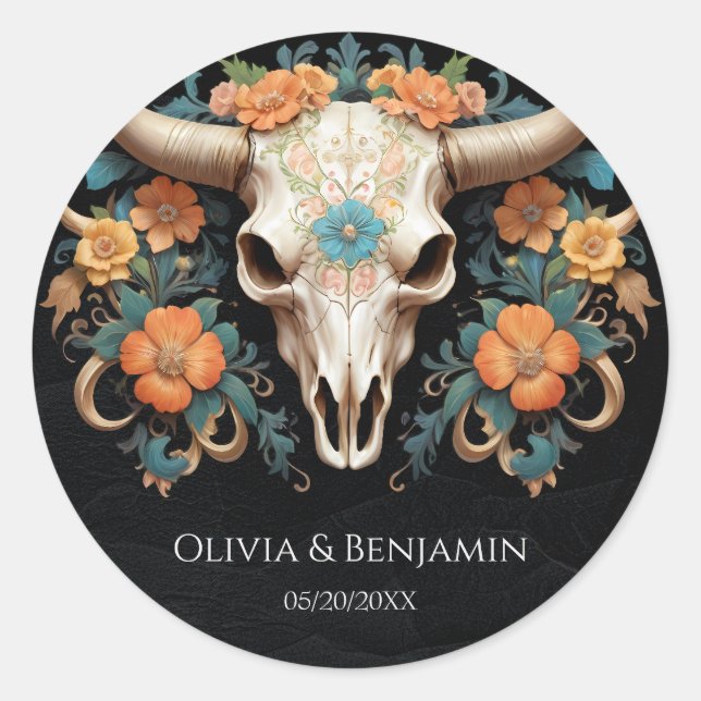 Boho Chic Watercolor Blumenkuh Skull Hochzeit Runder Aufkleber (Vorderseite)