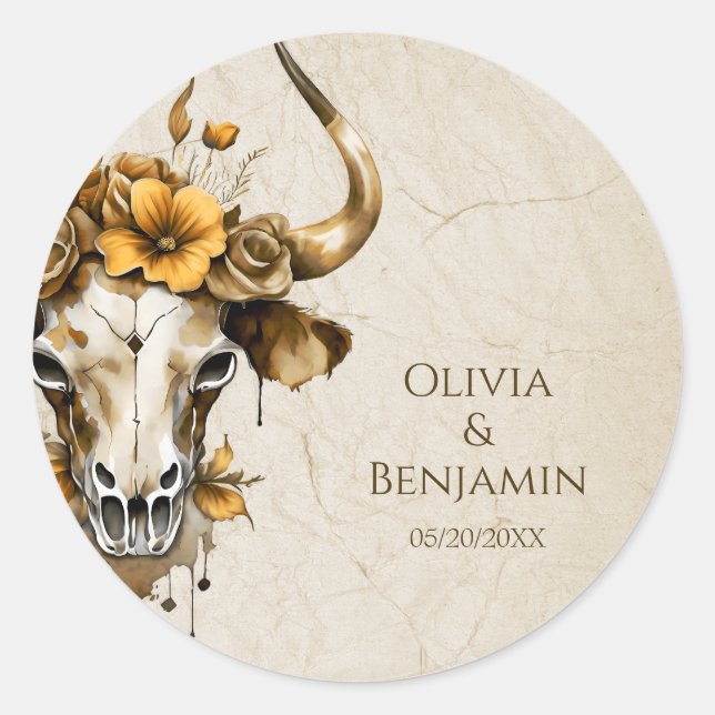 Boho Chic Watercolor Blumenkuh Skull Hochzeit Runder Aufkleber (Vorderseite)