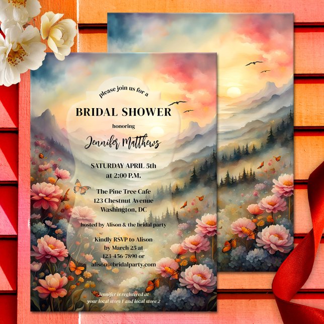 Boho Chic Watercolor Brautparty Einladung (Bridal shower invite showing a romantic watercolor landscape with colorful flowers and butterflies)
