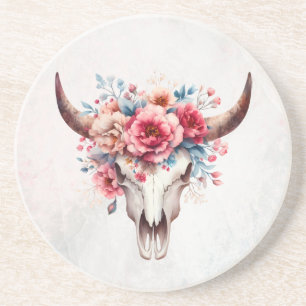 Boho Chic Watercolor Floral Cow Skull Getränkeuntersetzer