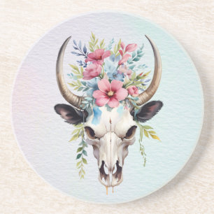 Boho Chic Watercolor Floral Cow Skull Getränkeuntersetzer