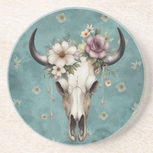 Boho Chic Watercolor Floral Cow Skull Getränkeuntersetzer