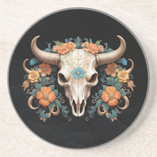 Boho Chic Watercolor Floral Cow Skull Getränkeuntersetzer (Vorne)