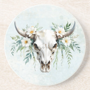 Boho Chic Watercolor Floral Cow Skull Getränkeuntersetzer