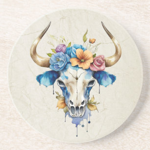 Boho Chic Watercolor Floral Cow Skull Getränkeuntersetzer