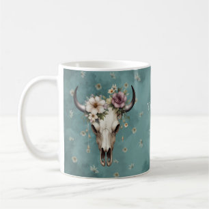 Boho Chic Watercolor Floral Cow Skull Kaffeetasse