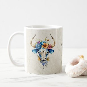 Boho Chic Watercolor Floral Cow Skull Kaffeetasse