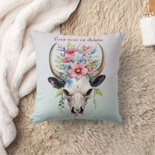 Boho Chic Watercolor Floral Cow Skull Kissen