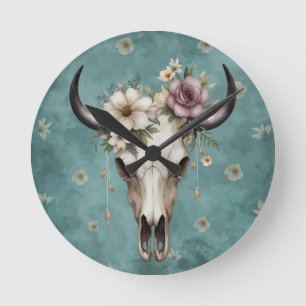 Boho Chic Watercolor Floral Cow Skull Runde Wanduhr
