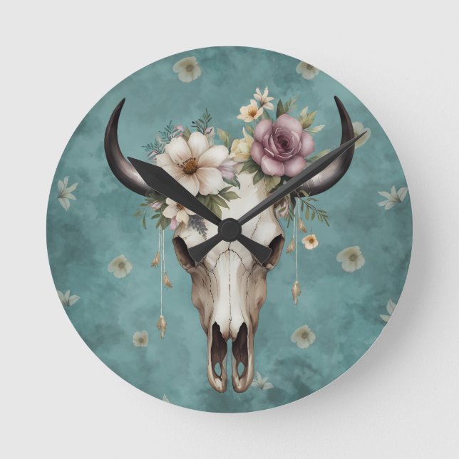 Boho Chic Watercolor Floral Cow Skull Runde Wanduhr (Vorderseite)