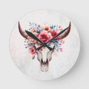 Boho Chic Watercolor Floral Cow Skull Runde Wanduhr