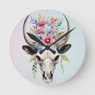 Boho Chic Watercolor Floral Cow Skull Runde Wanduhr