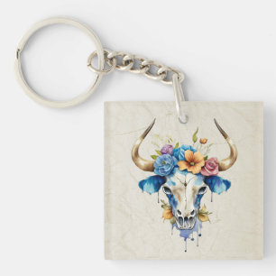 Boho Chic Watercolor Floral Cow Skull Schlüsselanhänger