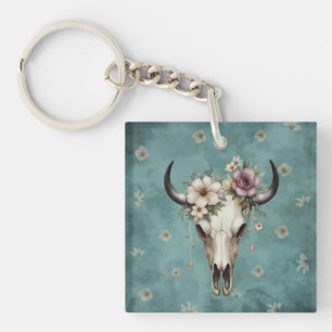 Boho Chic Watercolor Floral Cow Skull Schlüsselanhänger
