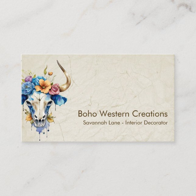 Boho Chic Watercolor Floral Cow Skull Visitenkarte (Vorderseite)