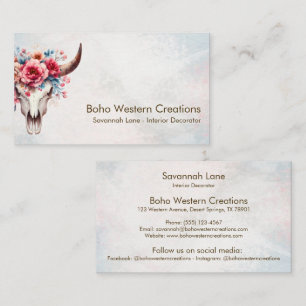 Boho Chic Watercolor Multicolor Floral Cow Skull Visitenkarte