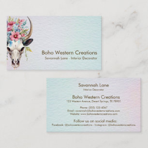 Boho Chic Watercolor Multicolor Floral Cow Skull Visitenkarte