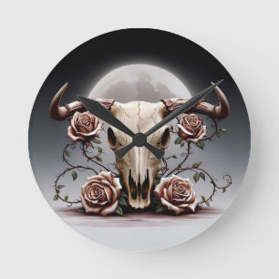Boho Chic Watercolor Romantischer Blumenkuh Skull Runde Wanduhr