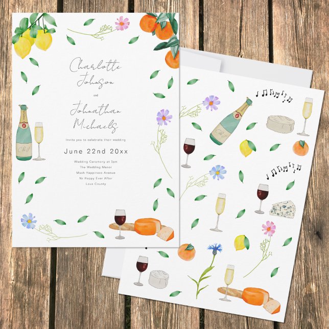 Boho Chic Watercolor Rustikale Sommerhochzeit Einladung (Lemon and orange botanical citrus boho watercolor wedding invitation )