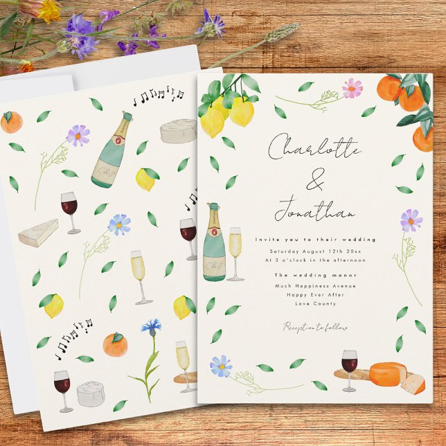 Boho Chic Watercolor Rustikale Sommerhochzeit Einladung (Boho citrus whimsical wedding invitation with wine and cheese and wildflower watercolors)