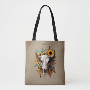 Boho Chic Watercolor Sonnenblumen Feder Kuh Skull