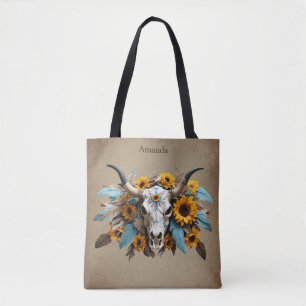 Boho Chic Watercolor Sonnenblumen Feder Kuh Skull