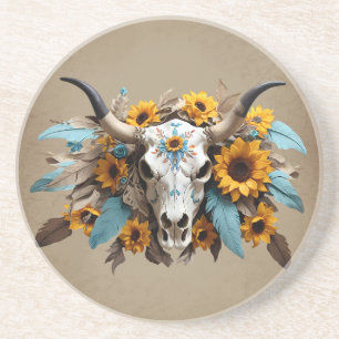 Boho Chic Watercolor Sonnenblumen Feder Kuh Skull Getränkeuntersetzer