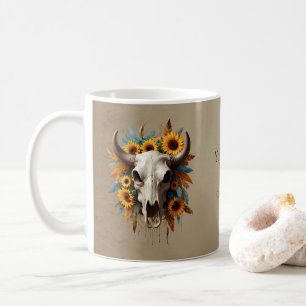 Boho Chic Watercolor Sonnenblumen Feder Kuh Skull Kaffeetasse