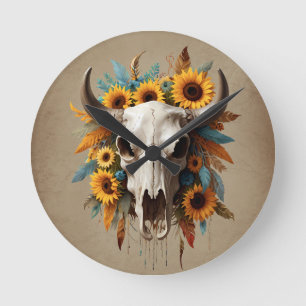 Boho Chic Watercolor Sonnenblumen Feder Kuh Skull Runde Wanduhr