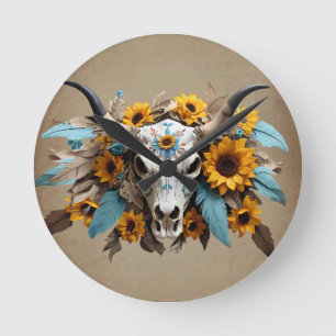 Boho Chic Watercolor Sonnenblumen Feder Kuh Skull Runde Wanduhr